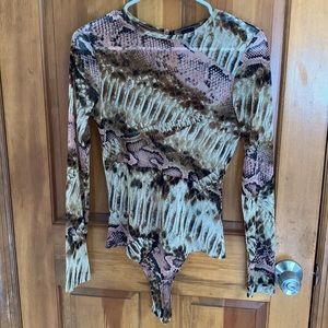 Pink brown mesh snakeskin long sleeve bodysuit